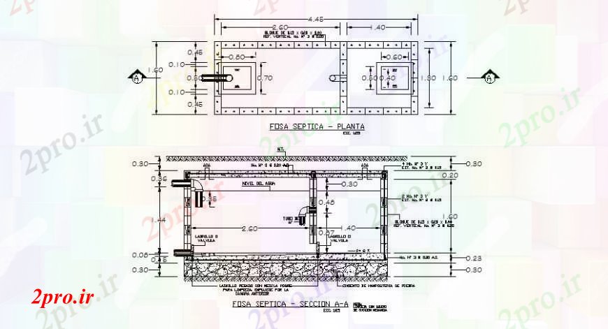 دانلود نقشه جزئیات لوله کشی سپتیک تانک بخش، برنامه ریزی و لوله کشی ساختار طراحی جزئیات 2 در 4 متر (کد107881)