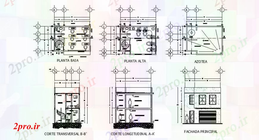 دانلود نقشه ساختمان اداری - تجاری - صنعتی دفتر دو نما دان، بخش و طرحی طبقه  (کد108064)