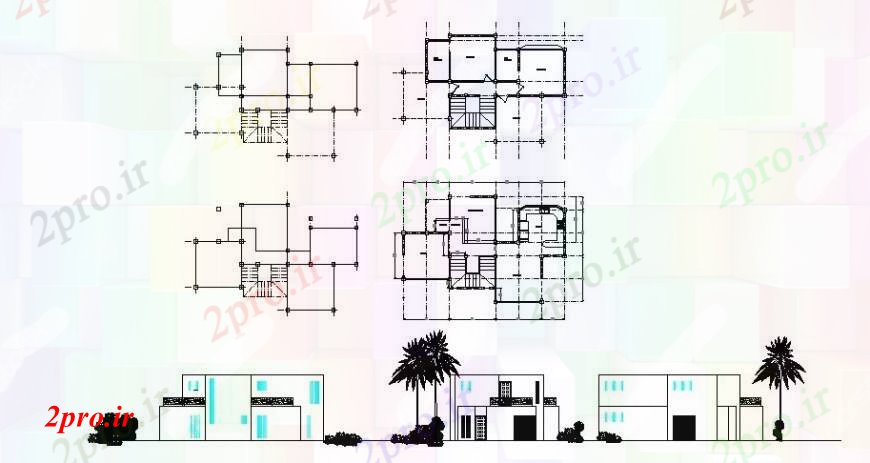 دانلود نقشه مسکونی  ، ویلایی ، آپارتمان  یکی از خانه خانواده تمام نما طرفه، طرحی طبقه و ساختار جزئیات (کد108084)