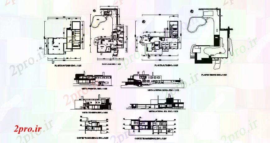 دانلود نقشه مسکونی  ، ویلایی ، آپارتمان  ویلا مسکونی سه طبقه نما، بخش و طرحی طبقه  (کد108090)