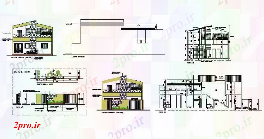 دانلود نقشه مسکونی  ، ویلایی ، آپارتمان  دو سطح خانه همه نما طرفه، بخش و ترکیب دیوار طراحی جزئیات  (کد108111)