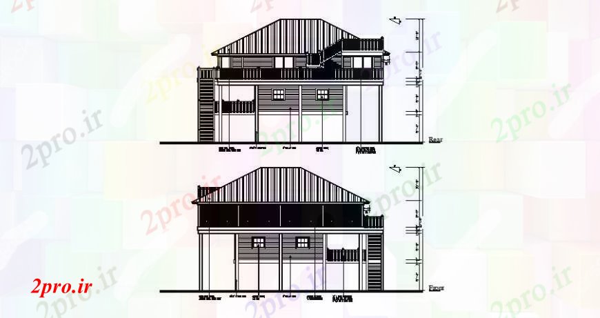 دانلود نقشه مسکونی  ، ویلایی ، آپارتمان  جلو و عقب به طرف طراحی جزئیات از خانه (کد108140)