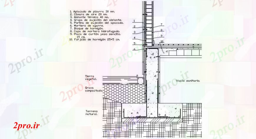 دانلود نقشه طراحی جزئیات ساختار بخش سازنده دیوار مبنایی  (کد108242)