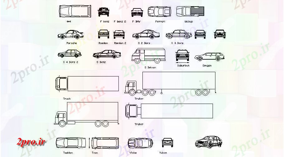 دانلود نقشه بلوک وسایل نقلیه کامیون های متعدد، اتومبیل و بلوک های خودرو  (کد108253)