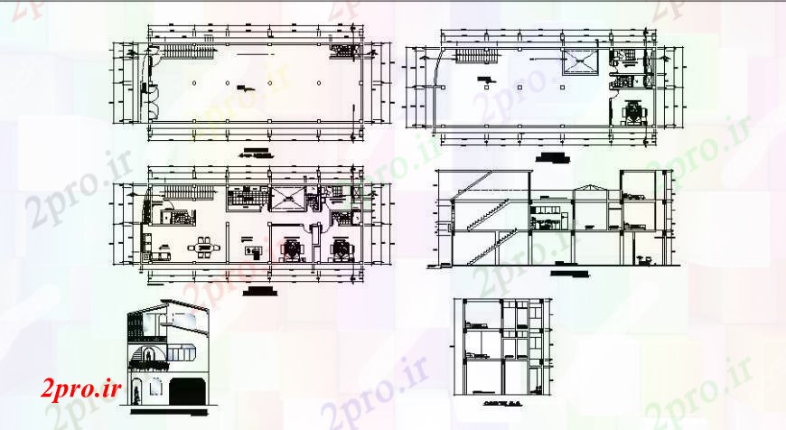 دانلود نقشه مسکونی  ، ویلایی ، آپارتمان  خانه دو نما دان، بخش، طرحی طبقه و طرحی پوشش جزئیات (کد108282)