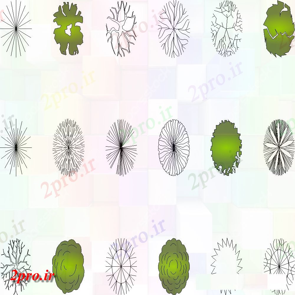 دانلود نقشه درختان و گیاهان جزئیات  طراحی های رنگی 18 نوع از برگ (کد108455)
