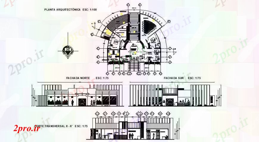 دانلود نقشه ساختمان اداری - تجاری - صنعتی محیط مدیریت نما اداری، بخش و طرحی طبقه 19 در 20 متر (کد108513)