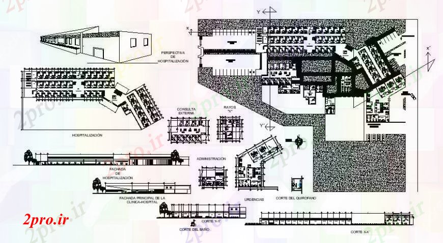 دانلود نقشه بیمارستان - درمانگاه - کلینیک Menguechel نما بیمارستان، تمام بخش و طرحی طبقه طرفه 66 در 74 متر (کد108603)