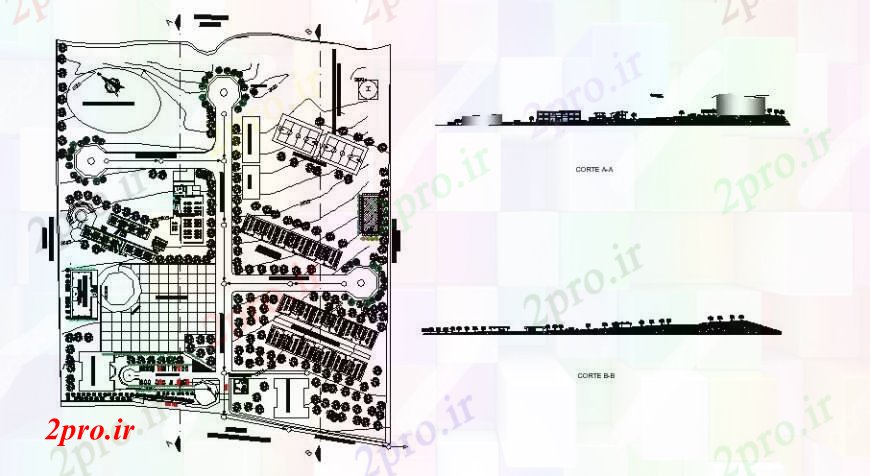 دانلود نقشه ساختمان اداری - تجاری - صنعتی بخش دفتر دار و طرحی توزیع 45 در 55 متر (کد108613)