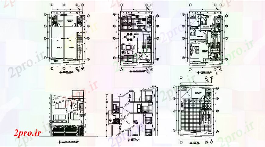 دانلود نقشه مسکونی  ، ویلایی ، آپارتمان  زیبا مسکونی نما خانه، بخش، طرحی طبقه و ساختار جزئیات (کد108711)