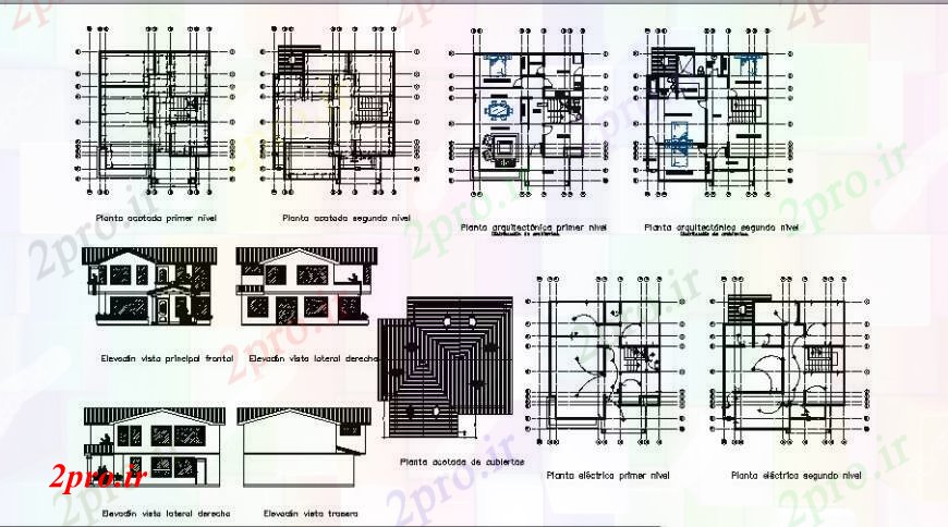 دانلود نقشه مسکونی ، ویلایی ، آپارتمان دو سطح هم نما خانه، بخش، طرحی طبقه و ساختار جزئیات 10 در 11 متر (کد108723)