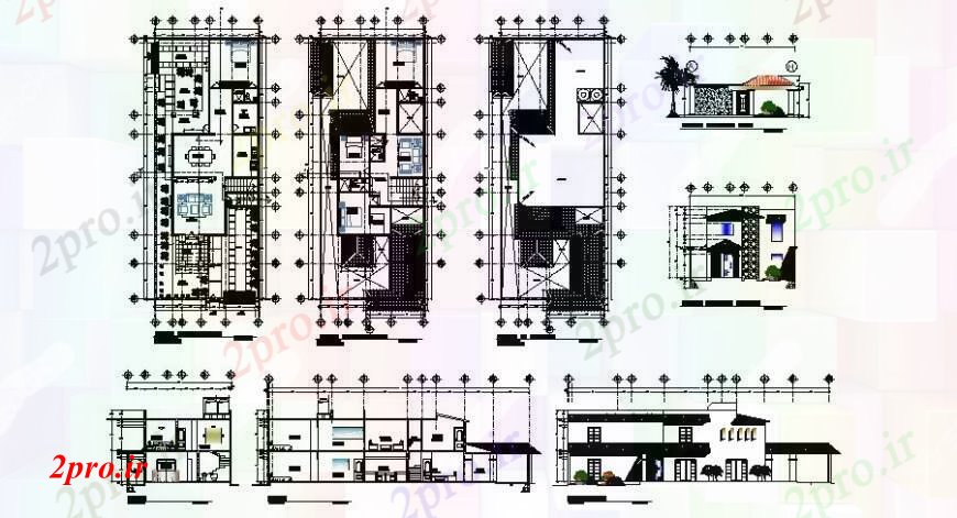 دانلود نقشه مسکونی  ، ویلایی ، آپارتمان  زیبا دو نما طبقه خانه، بخش و طرحی طبقه  (کد108734)