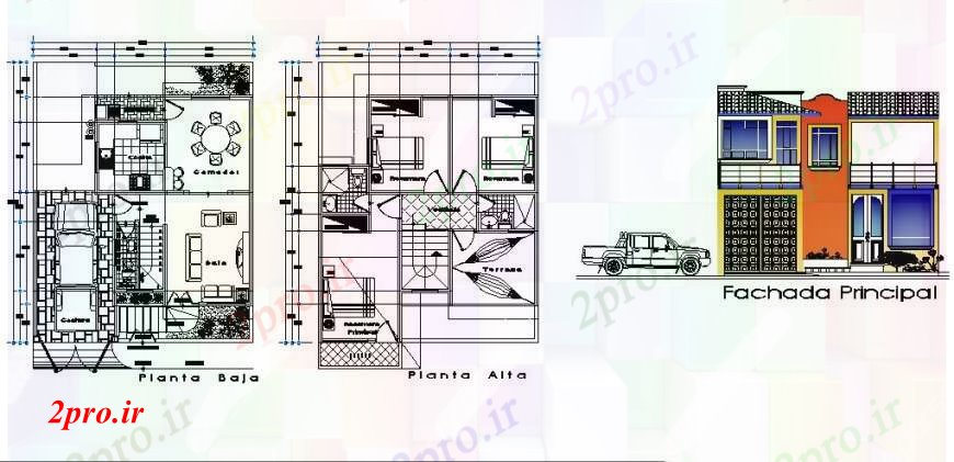 دانلود نقشه مسکونی ، ویلایی ، آپارتمان دو خانه دان اصلی نما و طرحی طبقه 8 در 11 متر (کد108738)