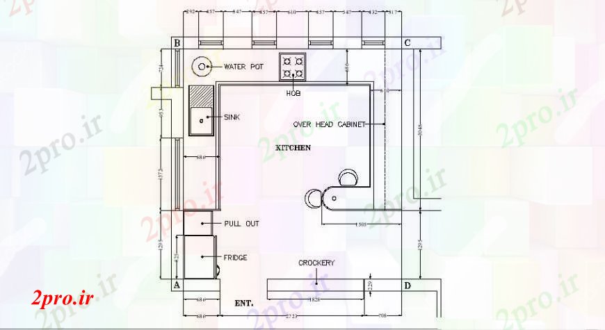 دانلود نقشه آشپزخانه طراحی معماری نمای بالای آشپزخانه با مبلمان طراحی جزئیات 5 در 5 متر (کد108759)