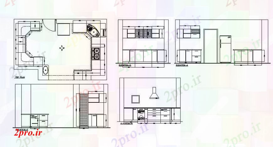 دانلود نقشه آشپزخانه آشپزخانه تمام نما طرفه، طرحی بالای صفحه  و طراحی داخلی جزئیات (کد108772)