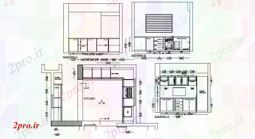 دانلود نقشه آشپزخانه آشپزخانه تمام طرفه نما، طرحی و ساختار  (کد108775)