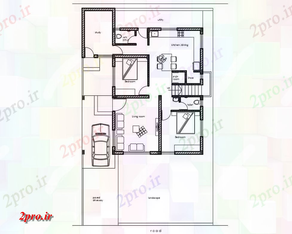 دانلود نقشه مسکونی  ، ویلایی ، آپارتمان  یک خانواده دو خوابه طرحی خانه طرح (کد108776)