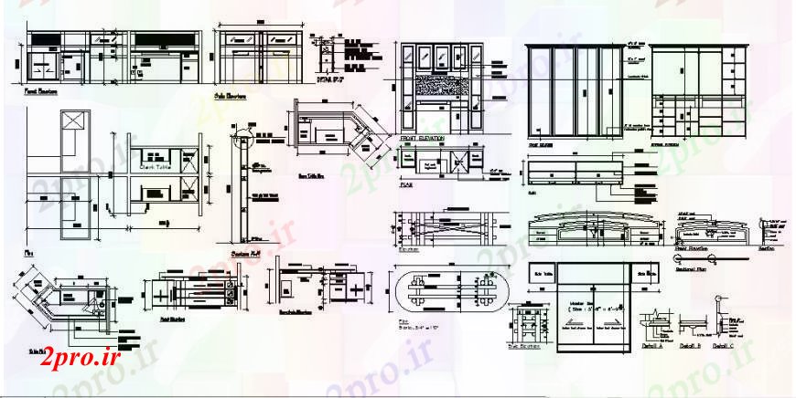 دانلود نقشه طراحی مبلمان آشپزخانه چند نما آشپزخانه و بخش و نجاری طراحی جزئیات 4 در 4 متر (کد108794)