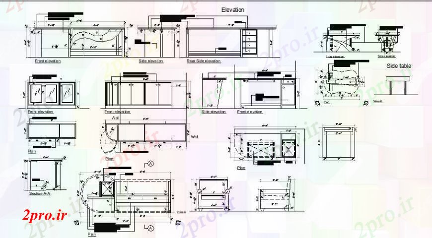 دانلود نقشه طراحی مبلمان آشپزخانه آشپزخانه مشترک نما، بخش و نجاری جزئیات (کد108795)