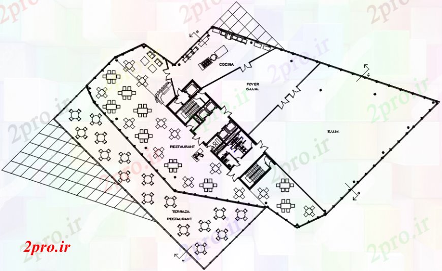دانلود نقشه هتل - رستوران - اقامتگاه نقشه های دو بعدی رستوران مشخص اتوکد 48 در 49 متر (کد108815)