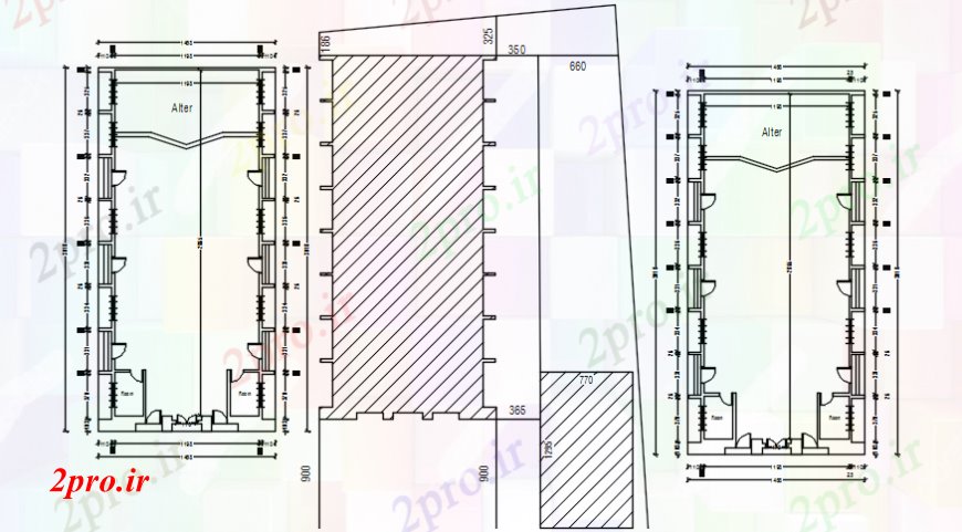 دانلود نقشه کلیسا - معبد - مکان مذهبی طراحی جزئیات سالن کلیسا طراحی دو بعدی در اتوکد 35 در 60 متر (کد108858)