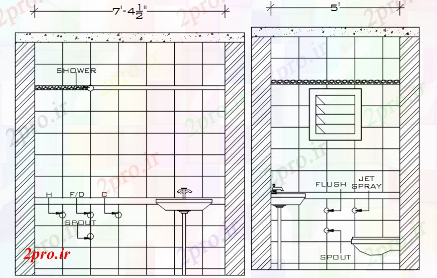 دانلود نقشه بلوک های بهداشتی طراحی های واحد توالت بهداشتی دو بعدی نما 4 در 4 متر (کد108884)