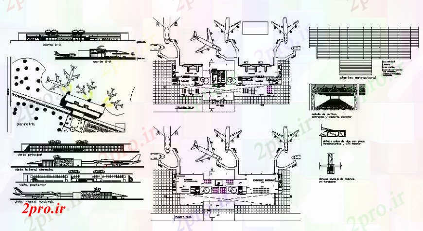 دانلود نقشه فرودگاه فرودگاه نما ترمینال، بخش، طرحی طبقه و ساختار محوطه سازی جزئیات  (کد109116)