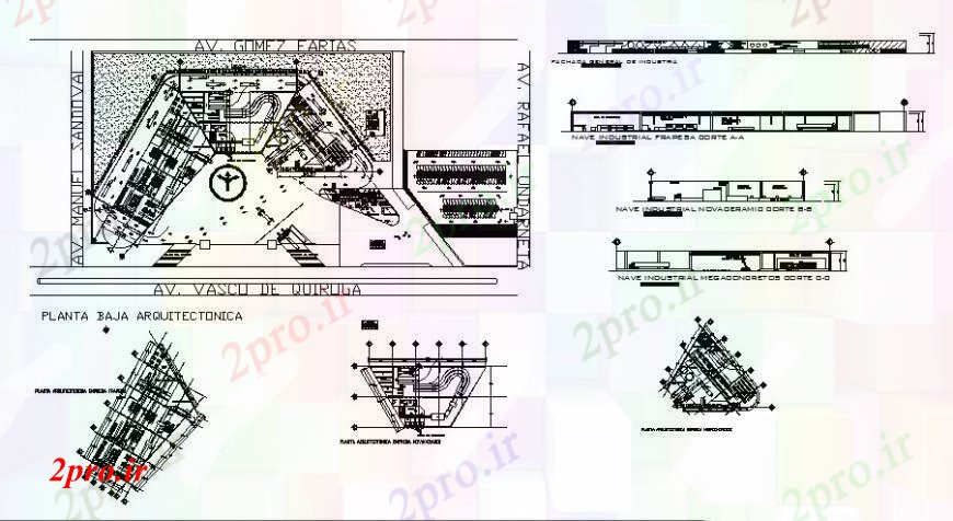 دانلود نقشه کارخانه صنعتی ، کارگاه پیش ساخته ساخت نما بوته، بخش و طرحی های 124 در 243 متر (کد109142)