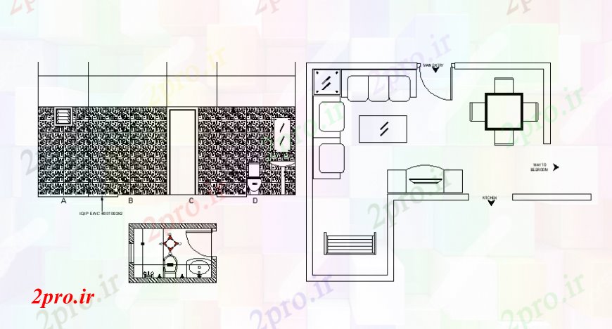 دانلود نقشه اتاق نشیمن  ، حال ، پذیرایی مبلمان مقطعی داخلی جزئیات و نما حمام (کد109221)