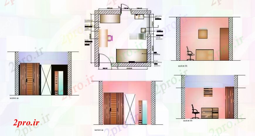 دانلود نقشه حمام مستر اتاق خواب همه بخش طرفه، طراحی و طراحی جزئیات مبلمان  (کد109291)