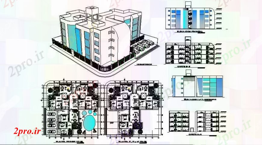 دانلود نقشه مسکونی  ، ویلایی ، آپارتمان  آپارتمان ساختمان نما ایزومتریک، همه نما طرفه، بخش و طرحی طبقه  (کد109346)