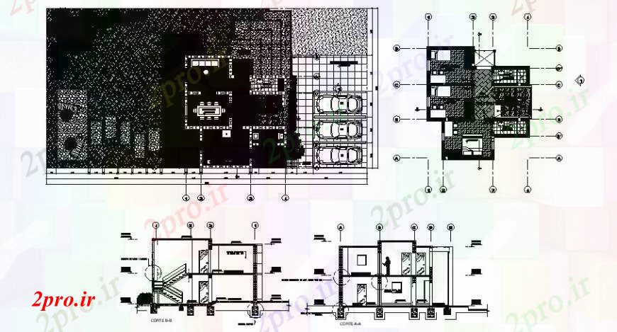 دانلود نقشه مسکونی  ، ویلایی ، آپارتمان  خانه دو طبقه اصلی و پشت بخش و طرحی توزیع  (کد109347)