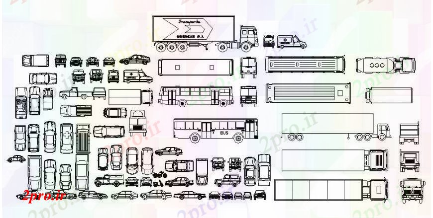 دانلود نقشه بلوک وسایل نقلیه اتومبیل های متعدد، بلوک های اتوبوس و خودرو  (کد109368)