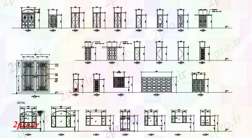 دانلود نقشه جزئیات طراحی در و پنجره  درب های تک و دو و چند پنجره  (کد109394)