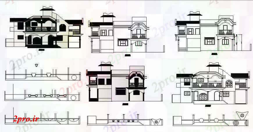 دانلود نقشه مسکونی  ، ویلایی ، آپارتمان  دو خانه دان تمام نما و دروازه طرفه نما طراحی جزئیات  (کد109404)