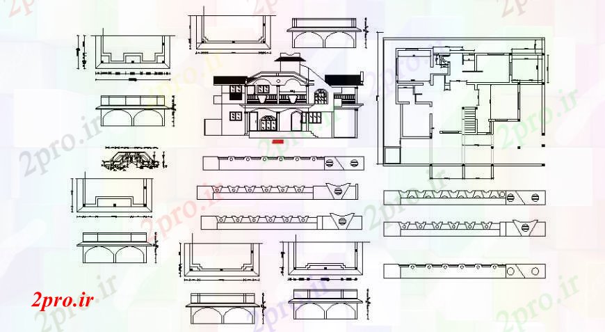 دانلود نقشه مسکونی  ، ویلایی ، آپارتمان  نما خانه، ساختار و دروازه و نما حصار جزئیات (کد109406)