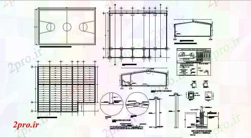 دانلود نقشه طراحی جزئیات ساختار طرحی بنیاد، سقف و ساختار جزئیات برای ورزش مرکز (کد109496)