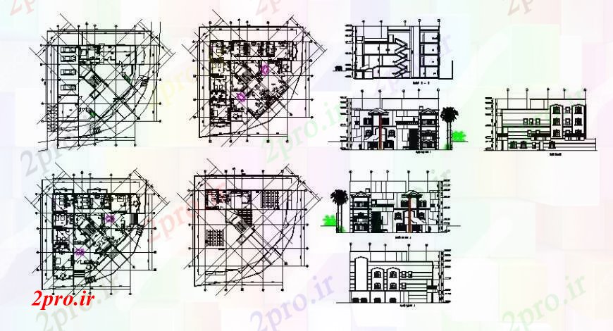 دانلود نقشه هتل - رستوران - اقامتگاه هتل ساختمان نما، بخش و طرحی طبقه 24 در 25 متر (کد109523)