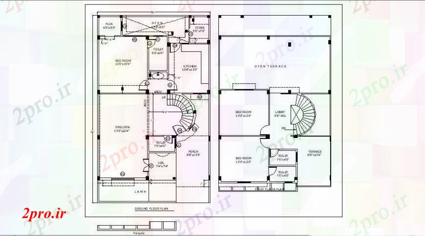 دانلود نقشه مسکونی  ، ویلایی ، آپارتمان  سه خوابه زمین خانه و طبقه اول طراحی جزئیات  (کد109546)