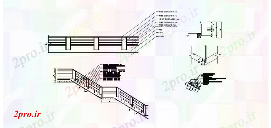 دانلود نقشه جزئیات پله و راه پله   راه پله با نرده های خانه بخش سازنده  (کد109550)