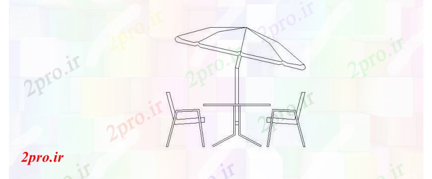 دانلود نقشه میز و صندلی جدول باغ  و نما صندلی بلوک با  چتر طراحی جزئیات  (کد109651)