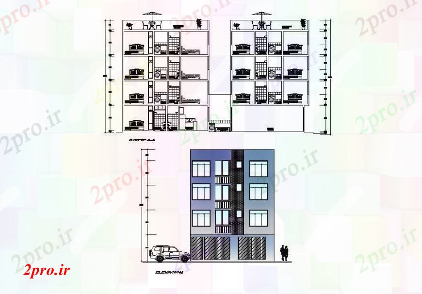 دانلود نقشه مسکونی  ، ویلایی ، آپارتمان  ساختمان مسکونی نما اصلی و بخش اصلی و پشت جزئیات (کد109810)