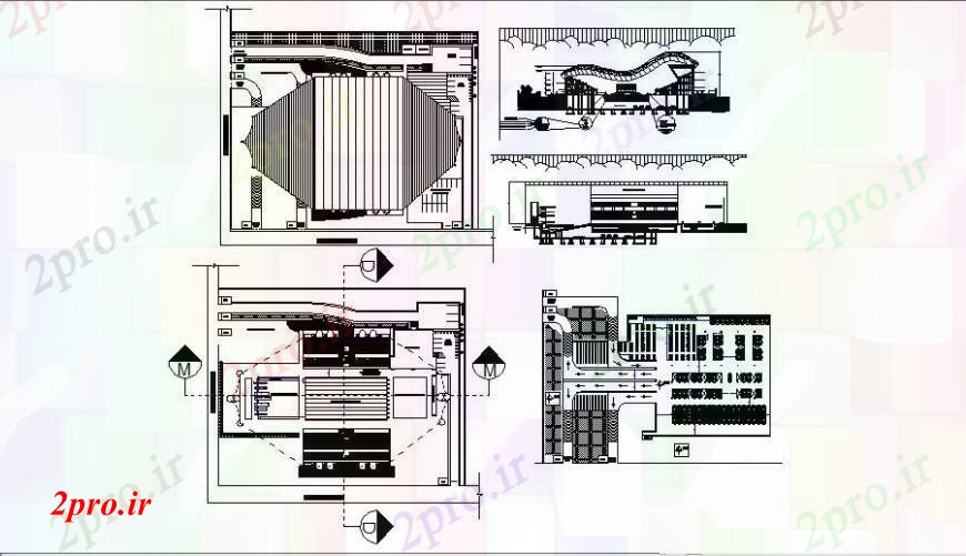 دانلود نقشه تئاتر چند منظوره - سینما - سالن کنفرانس - سالن همایشسالن نما ساختمان سالن، بخش و کف طراحی جزئیات 19 در 54 متر (کد109828)