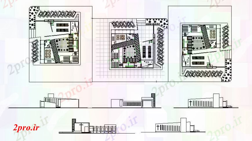 دانلود نقشه کلیسا - معبد - مکان مذهبی کلیسا Modern تمام نما و توزیع طرفه طراحی جزئیات  (کد109859)