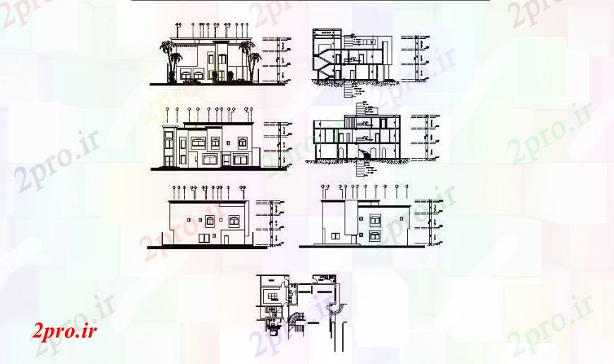 دانلود نقشه مسکونی  ، ویلایی ، آپارتمان  دو دان House تمام نما، بخش و طرحی های  طرفه جزئیات طراحی  (کد109889)