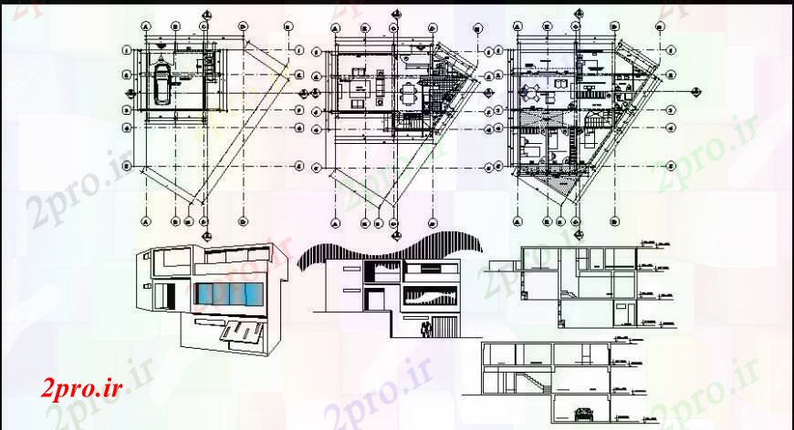 دانلود نقشه مسکونی  ، ویلایی ، آپارتمان  نما از خانههای ویلایی مدرن و جزئیات داخلی آن مفهوم (کد109921)