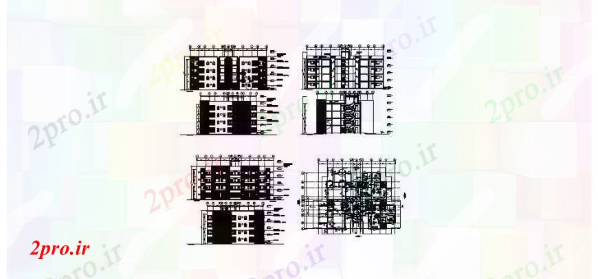 دانلود نقشه مسکونی  ، ویلایی ، آپارتمان  دو اتاق خواب آپارتمان   خانه ساخت نما، بخش و طرحی طبقه جزئیات  (کد109960)