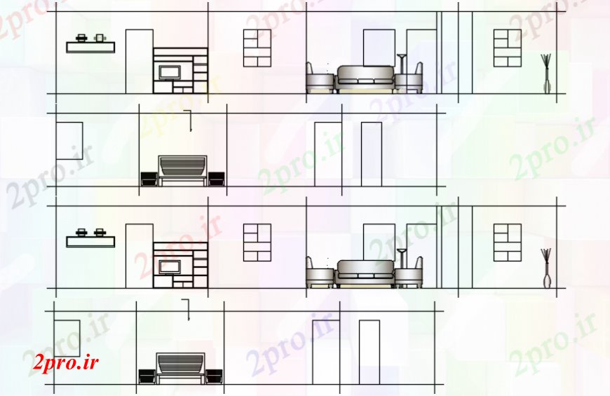 دانلود نقشه اتاق نشیمن ، حال ، پذیرایی بخش اتاق، مبلمان و جزئیات طرحی برای خانه 6 در 7 متر (کد109969)