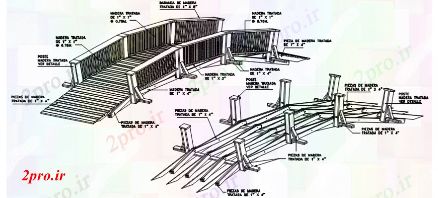 دانلود نقشه جزئیات ساخت پل داخل سالن پل چوبی نما ایزومتریک و بخش جزئیات (کد110130)