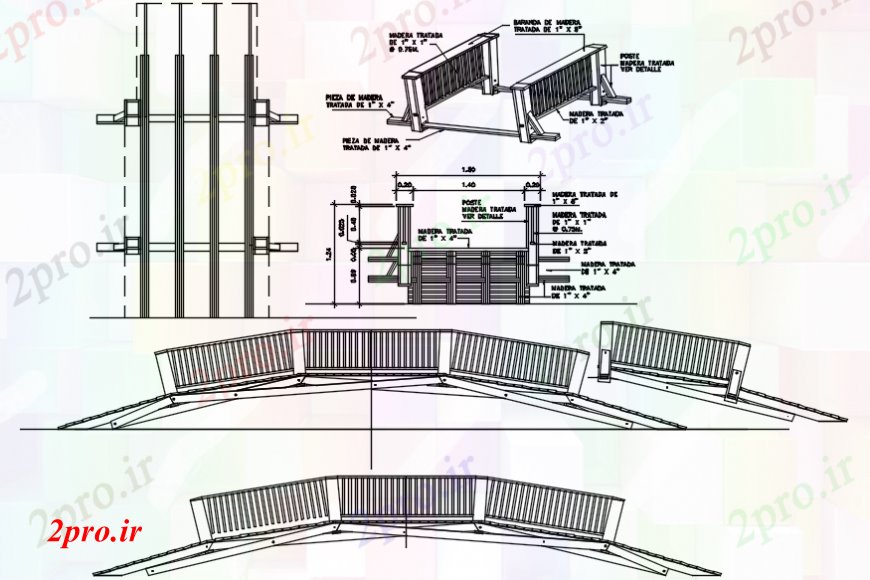 دانلود نقشه جزئیات ساخت پل پل چوبی تمام نما طرفه و بخش سازنده جزئیات (کد110132)